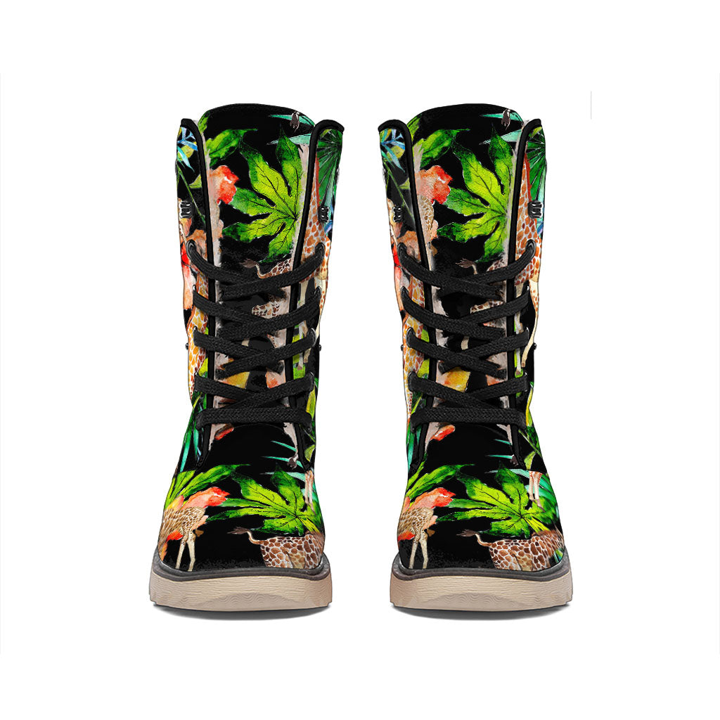 Black Tropical Giraffe Pattern Print Winter Boots