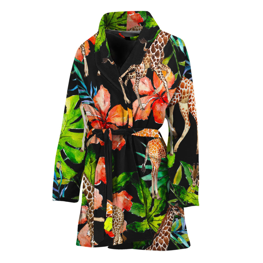 Black Tropical Giraffe Pattern Print Women's Bathrobe