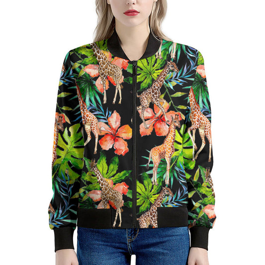Black Tropical Giraffe Pattern Print Women's Bomber Jacket