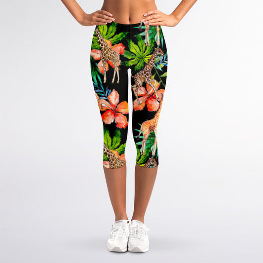 Black Tropical Giraffe Pattern Print Women's Capri Leggings