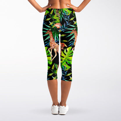 Black Tropical Giraffe Pattern Print Women's Capri Leggings