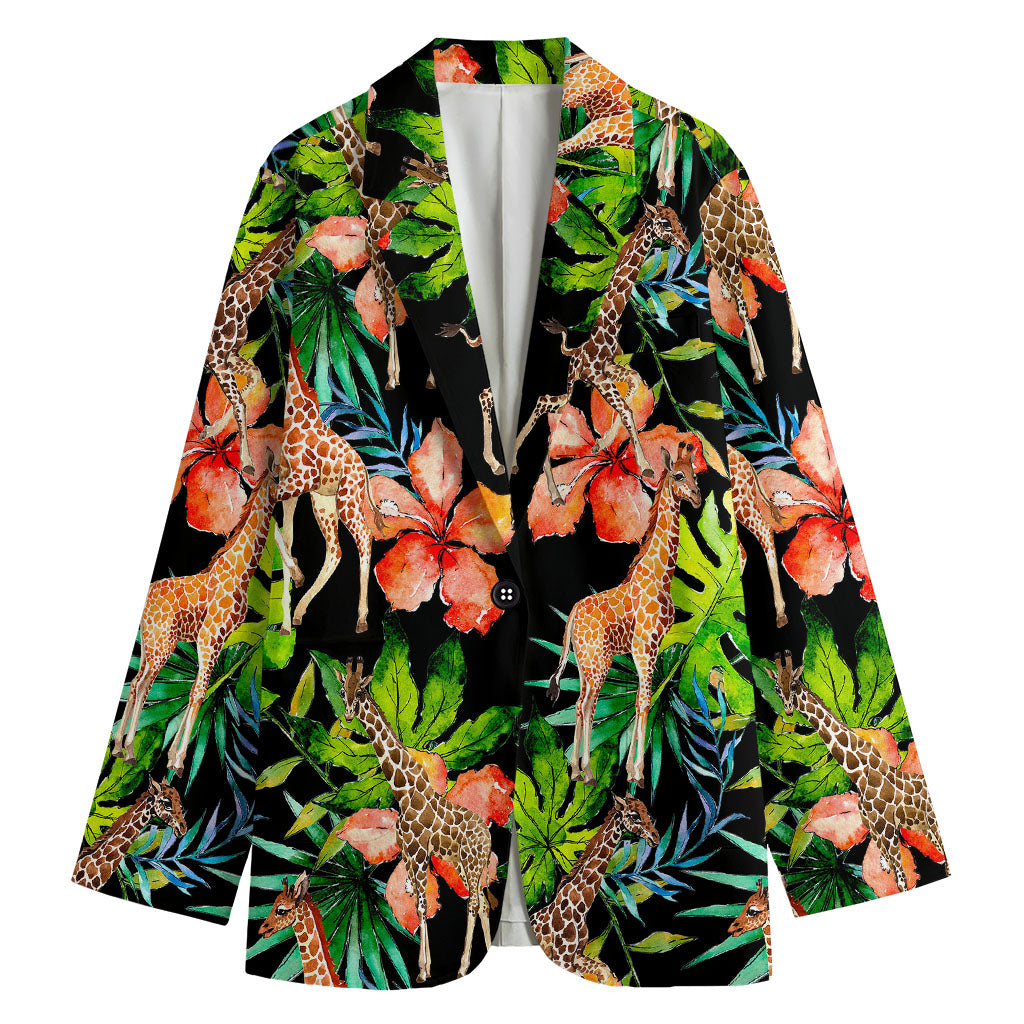 Black Tropical Giraffe Pattern Print Women's Cotton Blazer