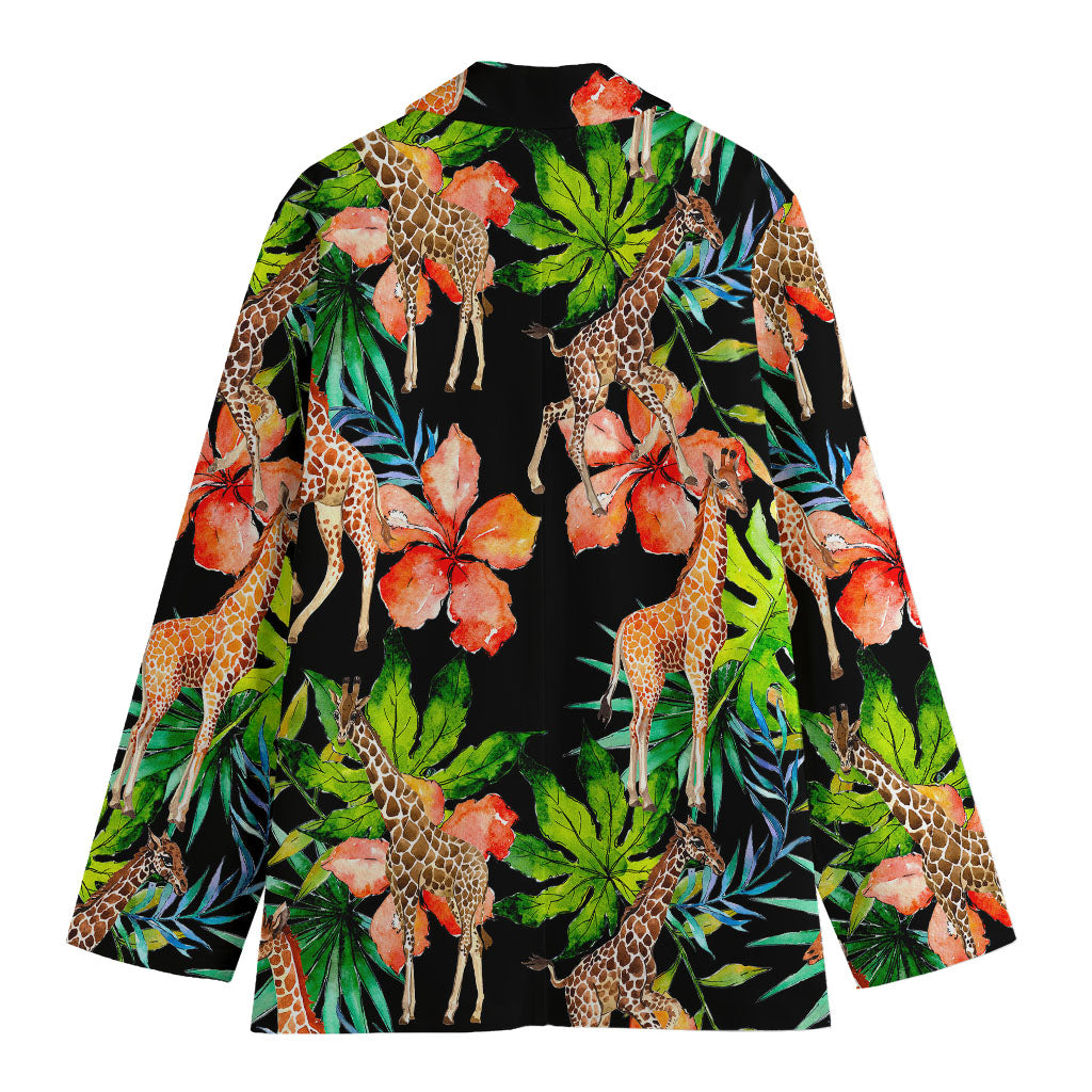 Black Tropical Giraffe Pattern Print Women's Cotton Blazer