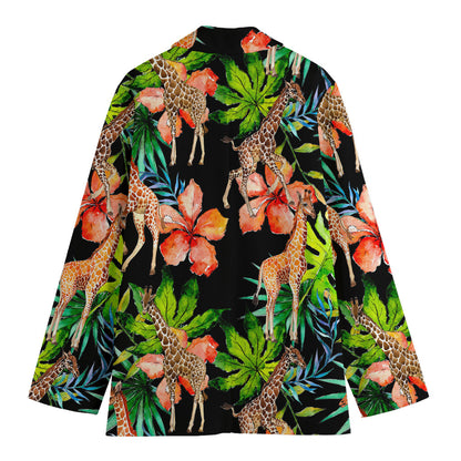 Black Tropical Giraffe Pattern Print Women's Cotton Blazer