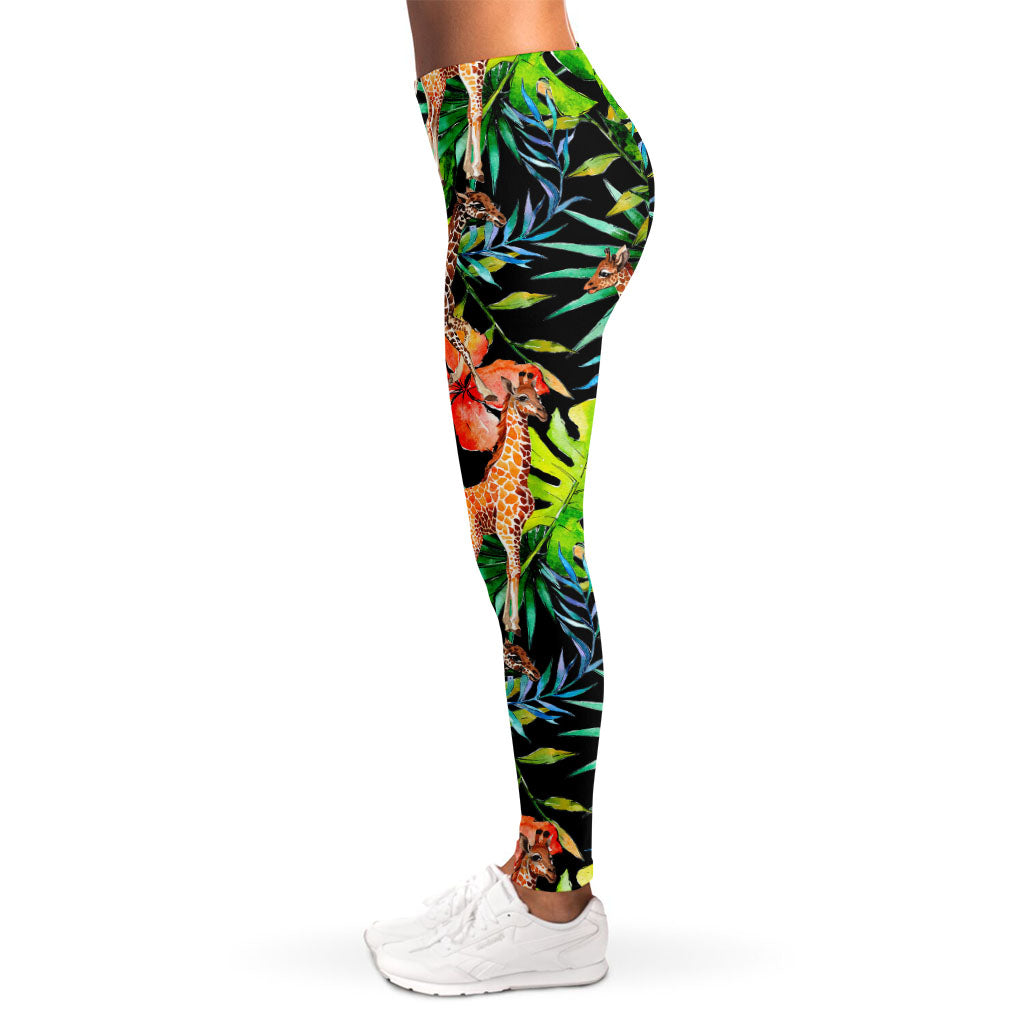 Black Tropical Giraffe Pattern Print Women's Leggings