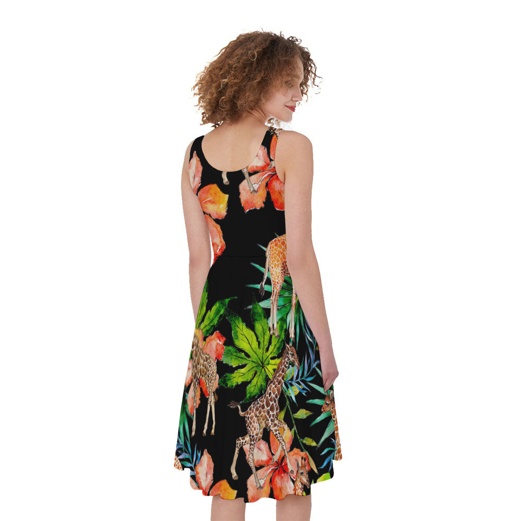 Black Tropical Giraffe Pattern Print Women's Sleeveless Dress