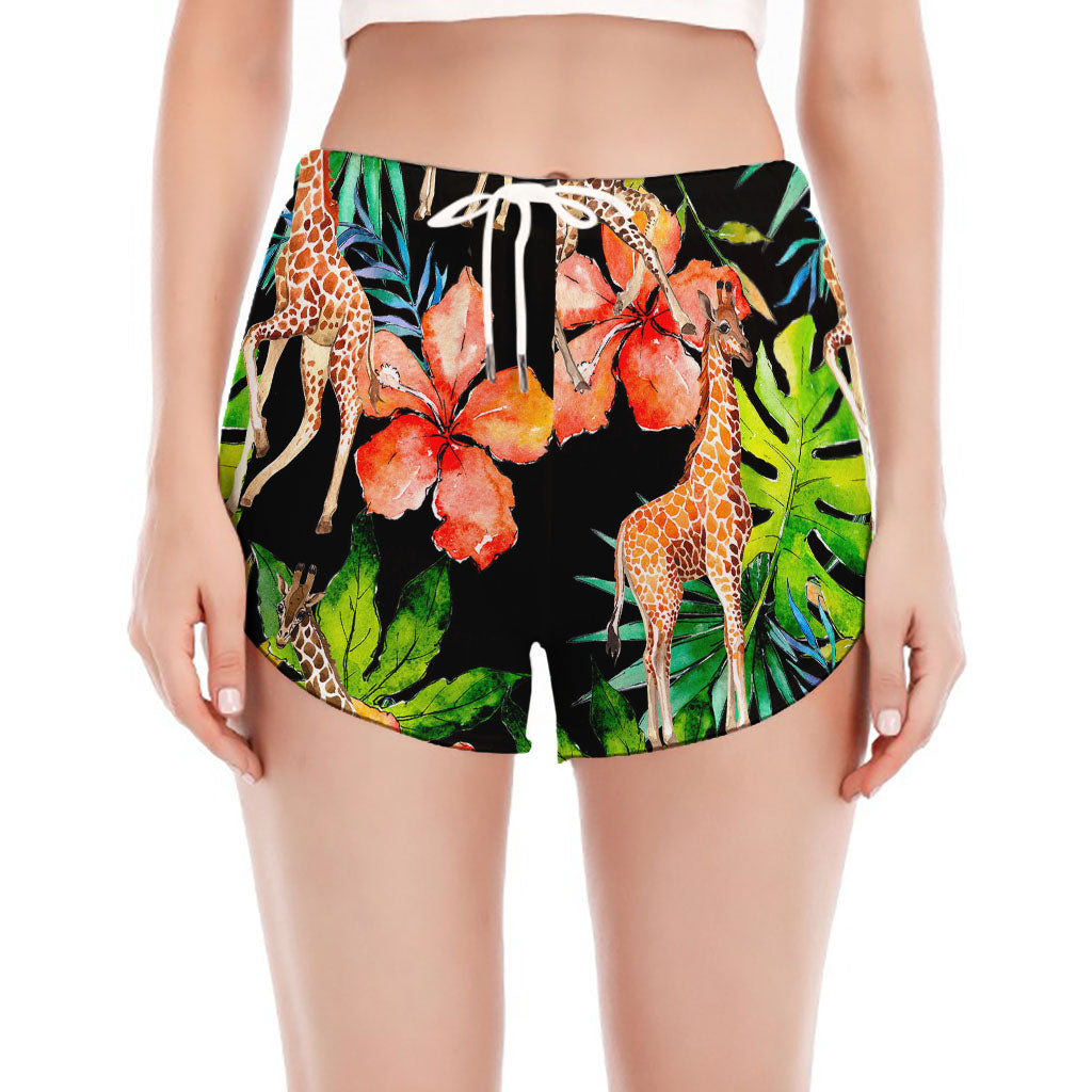 Black Tropical Giraffe Pattern Print Women's Split Running Shorts