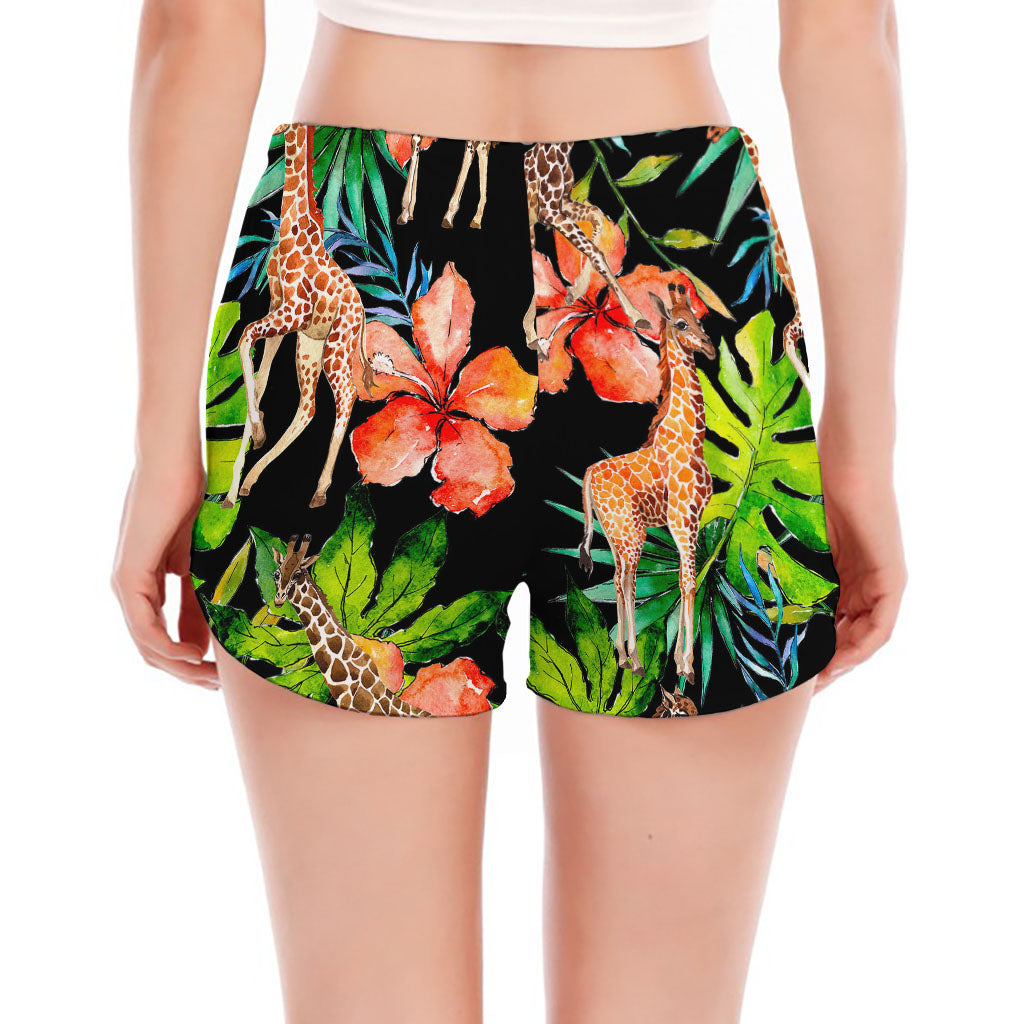 Black Tropical Giraffe Pattern Print Women's Split Running Shorts