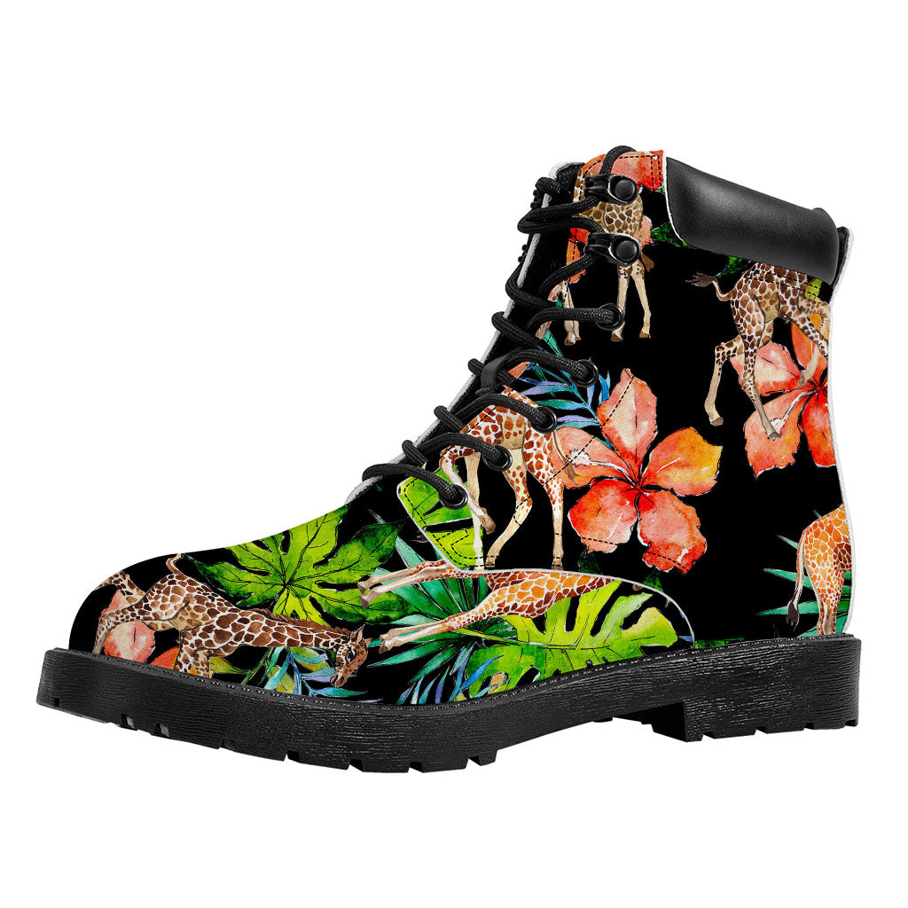 Black Tropical Giraffe Pattern Print Work Boots