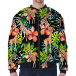 Black Tropical Giraffe Pattern Print Zip Sleeve Bomber Jacket