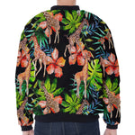 Black Tropical Giraffe Pattern Print Zip Sleeve Bomber Jacket