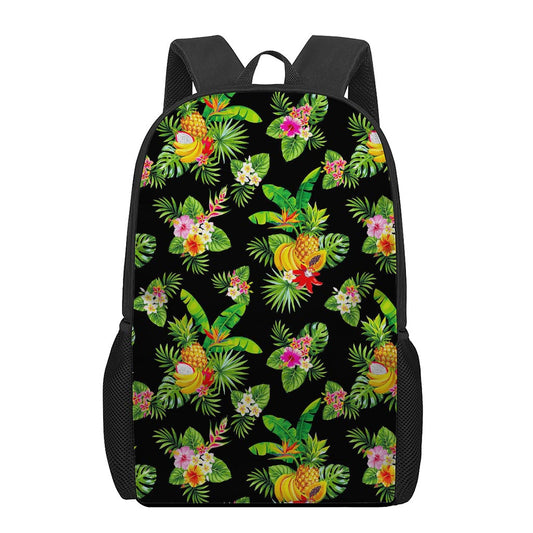 Black Tropical Hawaiian Pattern Print 17 Inch Backpack
