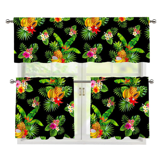 Black Tropical Hawaiian Pattern Print 3 Piece Kitchen Curtains