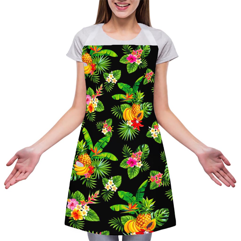 Black Tropical Hawaiian Pattern Print Adjustable Apron