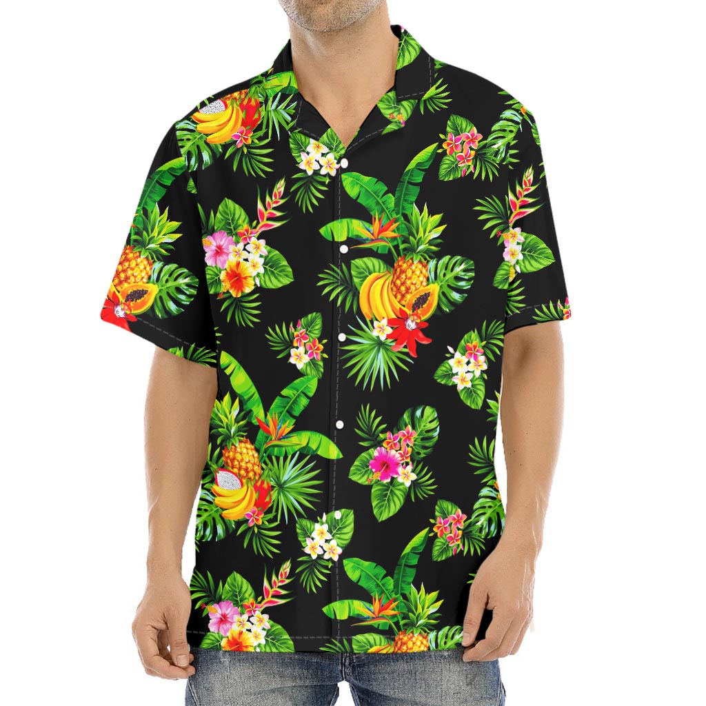 Black Tropical Hawaiian Pattern Print Aloha Shirt