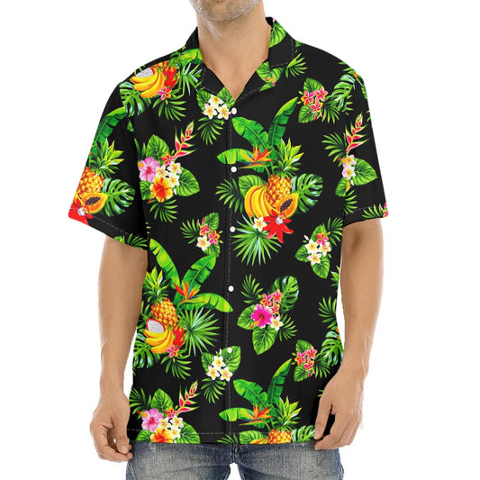 Black Tropical Hawaiian Pattern Print Aloha Shirt