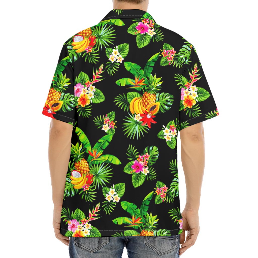 Black Tropical Hawaiian Pattern Print Aloha Shirt