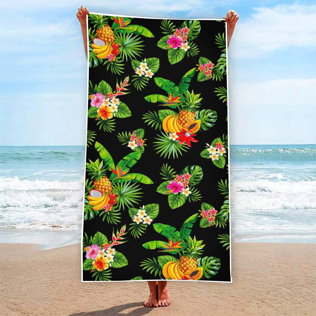 Black Tropical Hawaiian Pattern Print Beach Towel