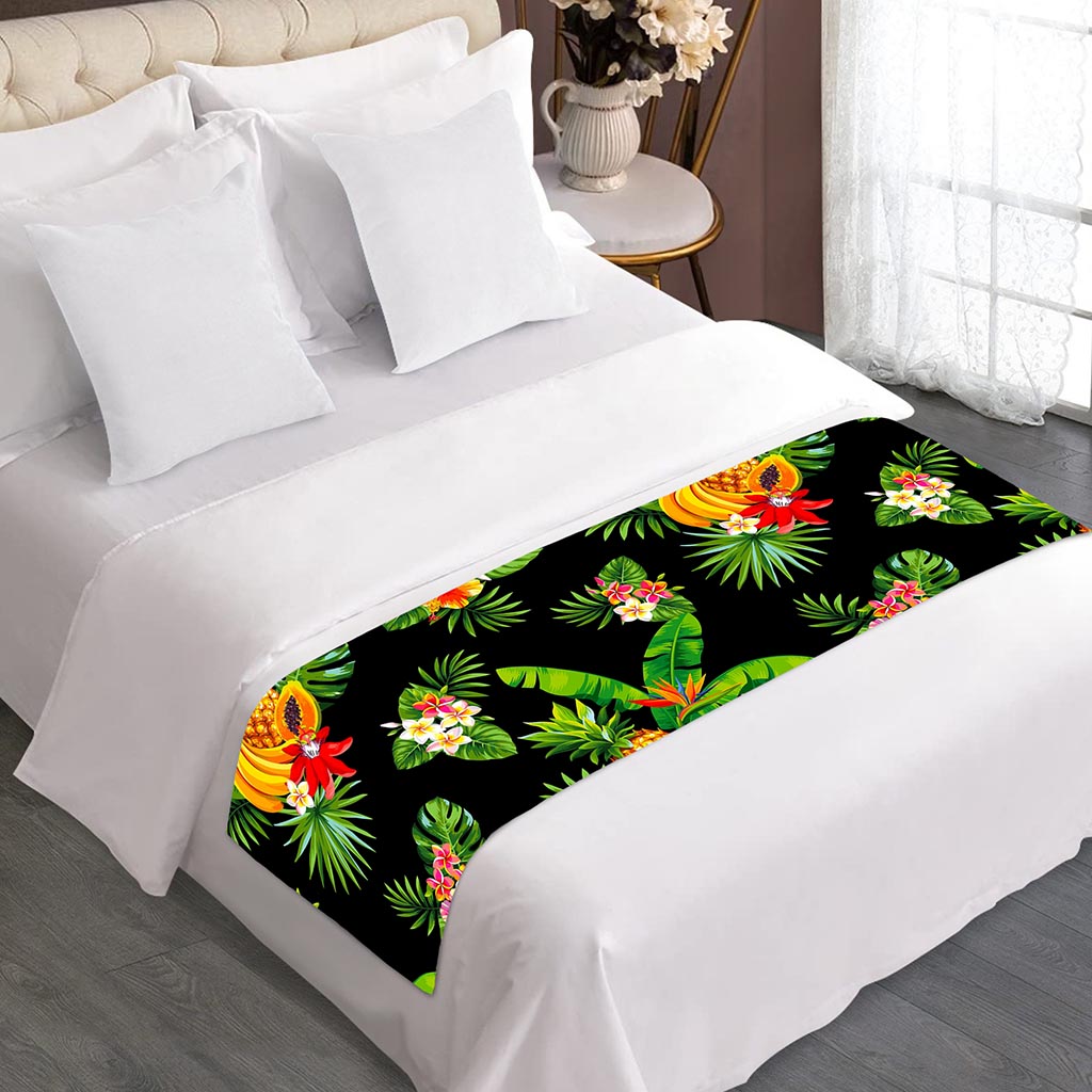 Black Tropical Hawaiian Pattern Print Bed Runner