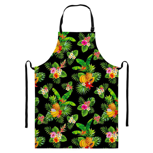 Black Tropical Hawaiian Pattern Print Bib Apron With Pocket