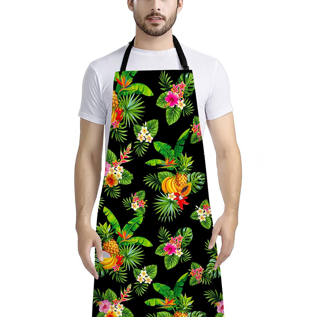 Black Tropical Hawaiian Pattern Print Bib Apron With Pocket