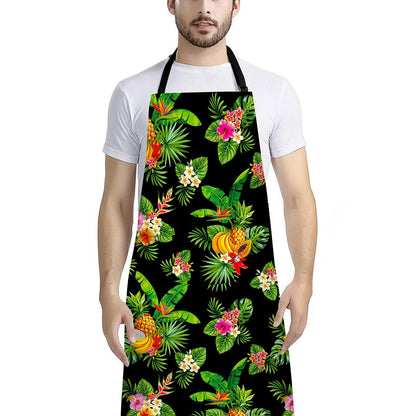 Black Tropical Hawaiian Pattern Print Bib Apron With Pocket
