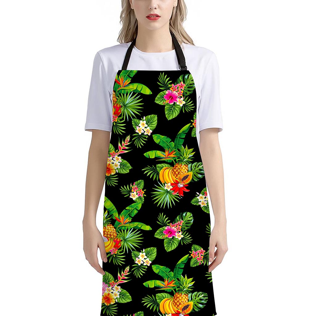 Black Tropical Hawaiian Pattern Print Bib Apron With Pocket