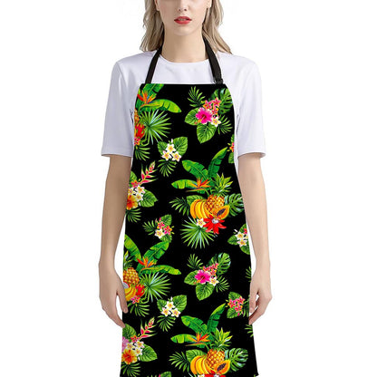 Black Tropical Hawaiian Pattern Print Bib Apron With Pocket