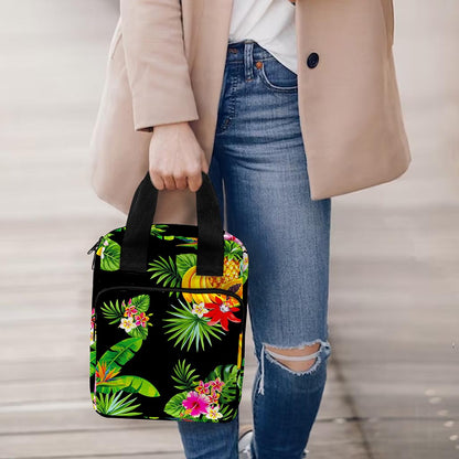 Black Tropical Hawaiian Pattern Print Bible Tote Bag