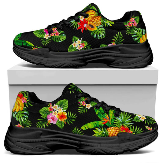 Black Tropical Hawaiian Pattern Print Black Chunky Shoes