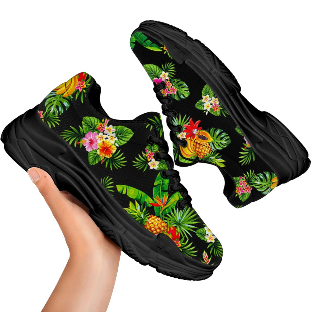 Black Tropical Hawaiian Pattern Print Black Chunky Shoes