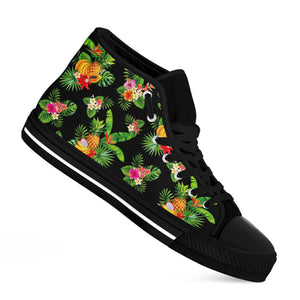 Black Tropical Hawaiian Pattern Print Black High Top Sneakers