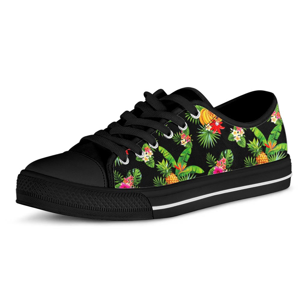 Black Tropical Hawaiian Pattern Print Black Low Top Sneakers