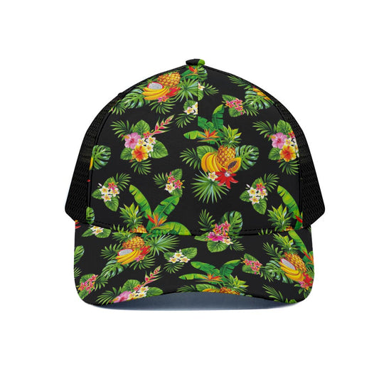 Black Tropical Hawaiian Pattern Print Black Mesh Trucker Cap