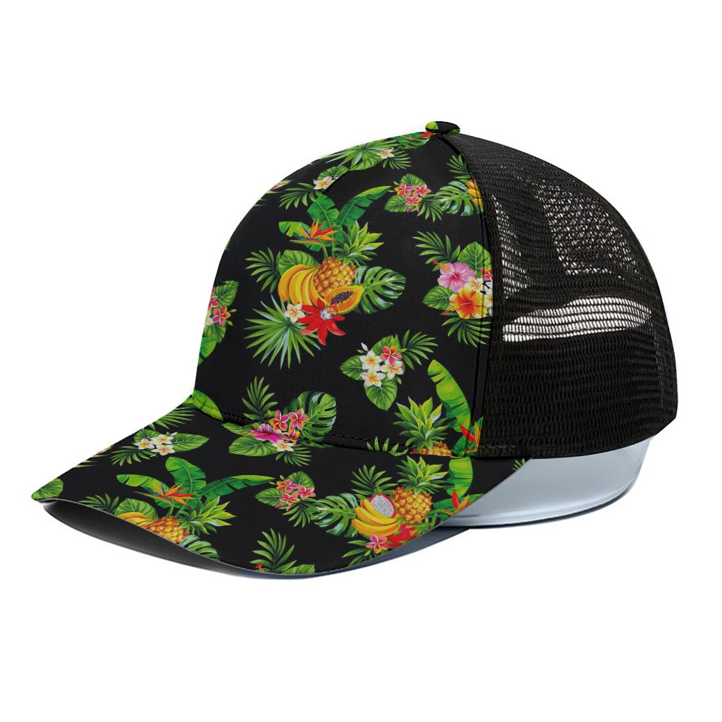 Black Tropical Hawaiian Pattern Print Black Mesh Trucker Cap