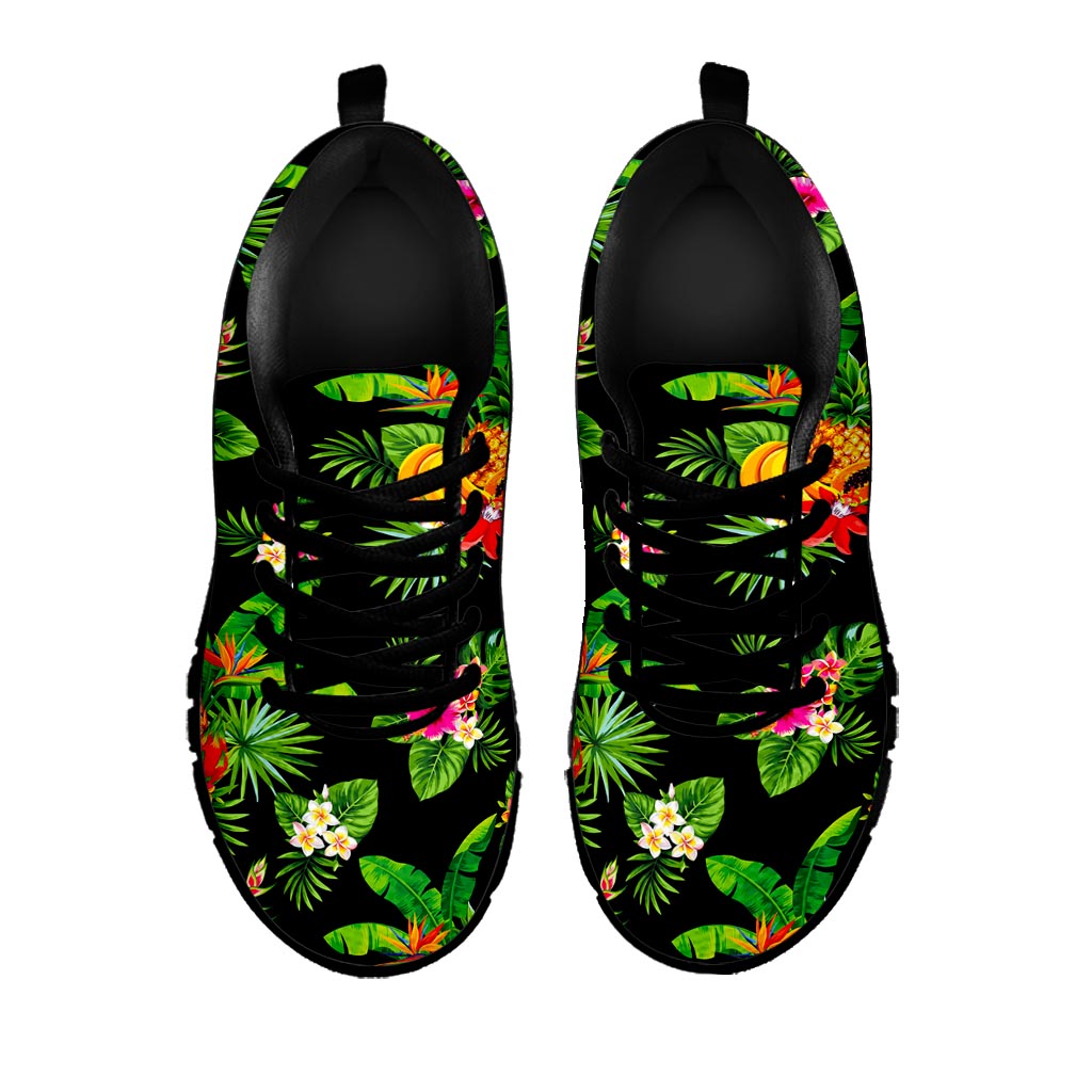 Black Tropical Hawaiian Pattern Print Black Running Shoes