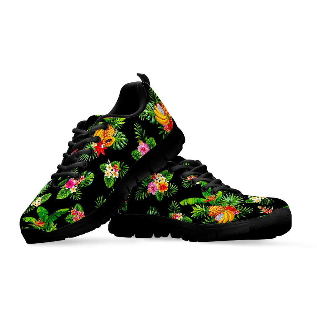 Black Tropical Hawaiian Pattern Print Black Running Shoes