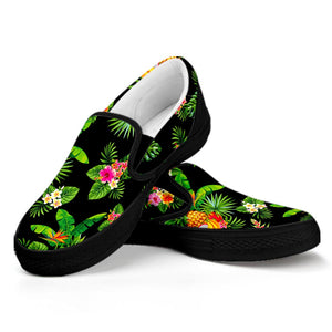 Black Tropical Hawaiian Pattern Print Black Slip On Sneakers