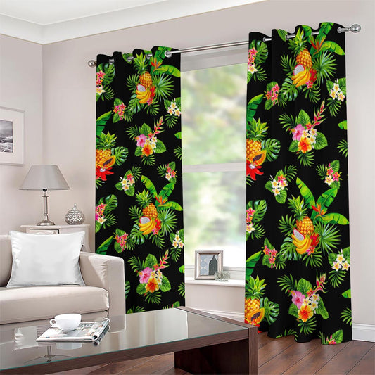 Black Tropical Hawaiian Pattern Print Blackout Grommet Curtains