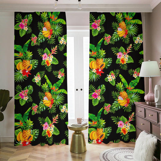 Black Tropical Hawaiian Pattern Print Blackout Pencil Pleat Curtains