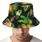 Black Tropical Hawaiian Pattern Print Bucket Hat