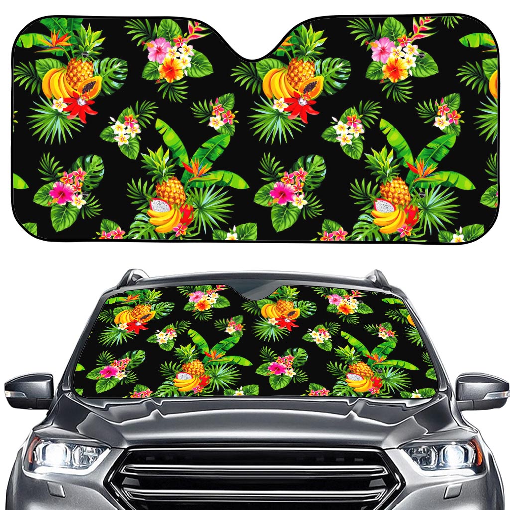 Black Tropical Hawaiian Pattern Print Car Windshield Sun Shade