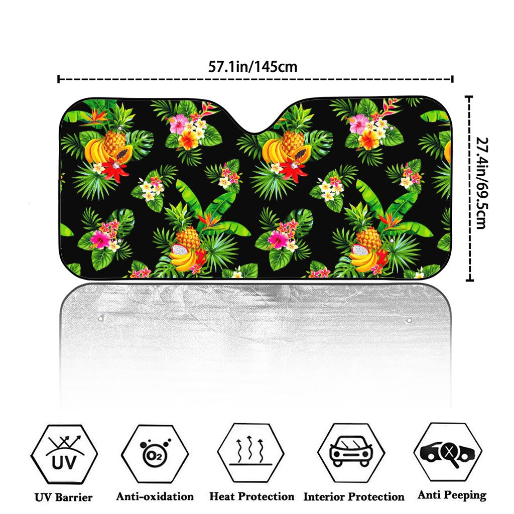 Black Tropical Hawaiian Pattern Print Car Windshield Sun Shade