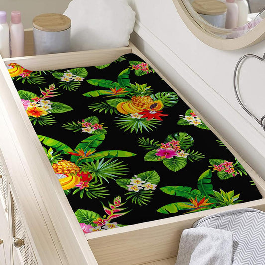 Black Tropical Hawaiian Pattern Print Changing Pad Cover
