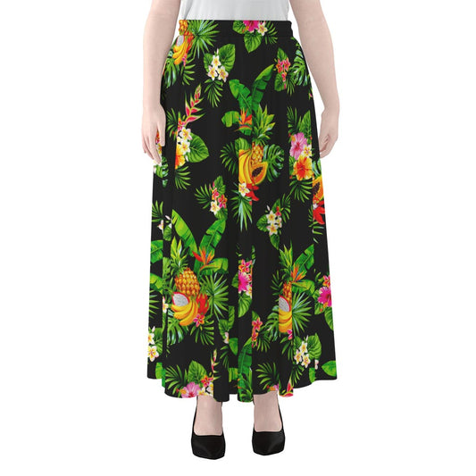 Black Tropical Hawaiian Pattern Print Chiffon Maxi Skirt