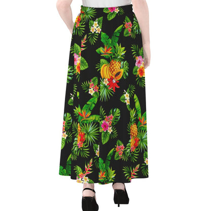 Black Tropical Hawaiian Pattern Print Chiffon Maxi Skirt