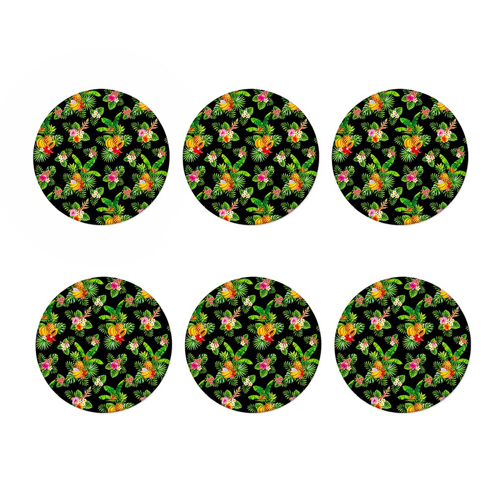 Black Tropical Hawaiian Pattern Print Coaster Set