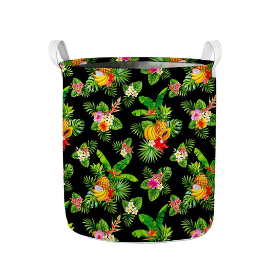 Black Tropical Hawaiian Pattern Print Collapsible Laundry Basket