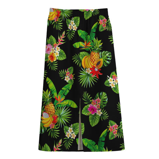 Black Tropical Hawaiian Pattern Print Cotton Front Slit Maxi Skirt