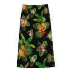 Black Tropical Hawaiian Pattern Print Cotton Front Slit Maxi Skirt